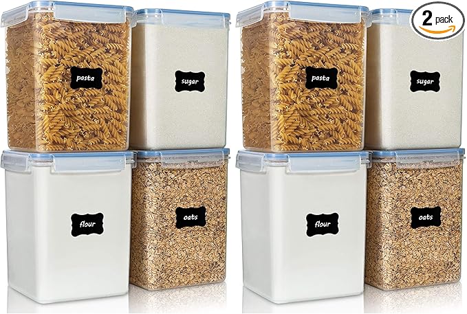 Vtopmart Large Food Storage Containers 5.2L / 175oz, 4 Pieces BPA Free Plastic Airtight Canisters for Flour, Sugar, Baking Supplies, Rice with Lids, 4 Measuring Cups and 24 Labels, Blue (Pack of 2)