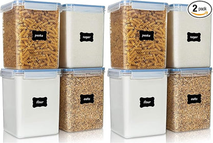 Vtopmart Large Food Storage Containers 5.2L / 175oz, 4 Pieces BPA Free Plastic Airtight Canisters for Flour, Sugar, Baking Supplies, Rice with Lids, 4 Measuring Cups and 24 Labels, Blue (Pack of 2)