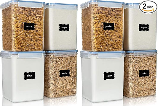 Vtopmart Large Food Storage Containers 5.2L / 175oz, 4 Pieces BPA Free Plastic Airtight Canisters for Flour, Sugar, Baking Supplies, Rice with Lids, 4 Measuring Cups and 24 Labels, Blue (Pack of 2)