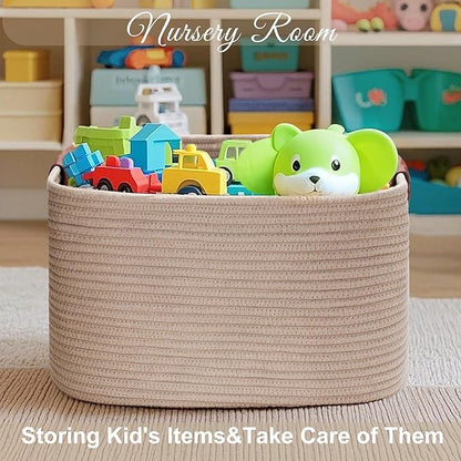 Large Cotton Rope Storage Basket with Leather Handles, Laundry Hamper Basket, 20 "L x 14" W x 12 "H, Durable & Stylish Organizer for Home.(Large Khaki)