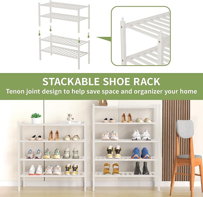 ROMGUAR CRAFT 4 Tier Bamboo Shoe Rack for Closet Free Standing Wood Shoe Shelf for Entryway Small Space Stackable 27"x11"x26" (White)