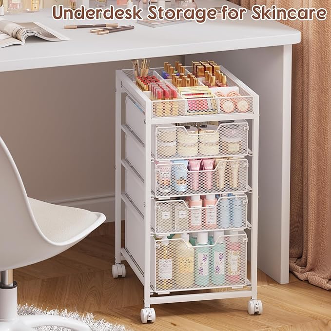 5-Tier Rolling Makeup Cart Organizer with 4 Drawers, Cosmetics Display with Dividers, Floor Skincare Storage with Wheels, Versatile Vanity Organizer for Nail Polish Perfume Brush Hair Tool, White