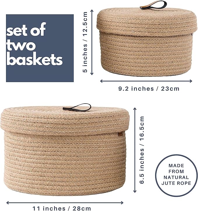 DENJA & CO Set of 2 Decorative Storage Baskets with Lids - Round Woven Baskets for Home Decor and Organizing - Small Shelf Baskets with Leather Tabs and Handles - Decorative Storage and Organizer Bins