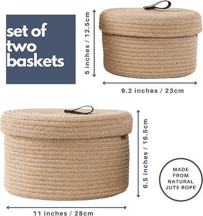 DENJA & CO Set of 2 Decorative Storage Baskets with Lids - Round Woven Baskets for Home Decor and Organizing - Small Shelf Baskets with Leather Tabs and Handles - Decorative Storage and Organizer Bins