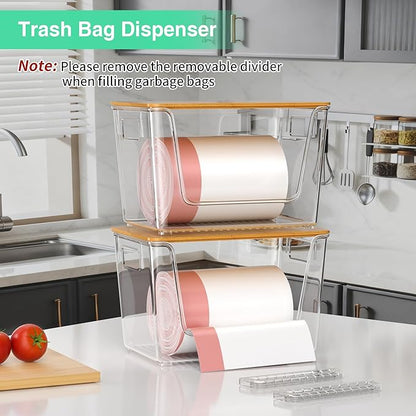 2 Set Pantry Organizers,Stackable Potato and Onion Storage Bins with Bamboo Lids,Trash Bag Dispenser for 4-13 Gal Bags,kitchen Countertop Organizer for Produce or Snacks
