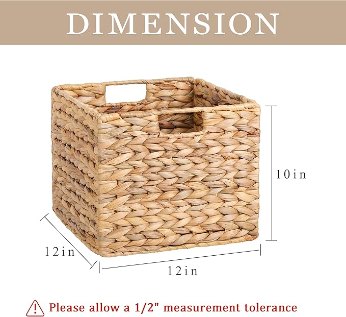 12X12X10in Water Hyacinth Storage Baskets, Wicker Storage Cubes Set of 4, Foldable Wicker Baskets for Pantry Organization, Square Baskets for Shelves