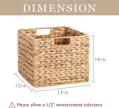 12X12X10in Water Hyacinth Storage Baskets, Wicker Storage Cubes Set of 4, Foldable Wicker Baskets for Pantry Organization, Square Baskets for Shelves