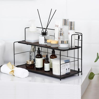 Edergoo Bathroom Counter Organizer 10s Tool-Free Install, 2 Tier Bathroom Organizers and Storage, Collapsible Bathroom Organizer Countertop, Wood Bathroom Kitchen Countertop Organizer, Black