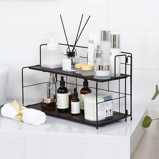 Edergoo Bathroom Counter Organizer 10s Tool-Free Install, 2 Tier Bathroom Organizers and Storage, Collapsible Bathroom Organizer Countertop, Wood Bathroom Kitchen Countertop Organizer, Black