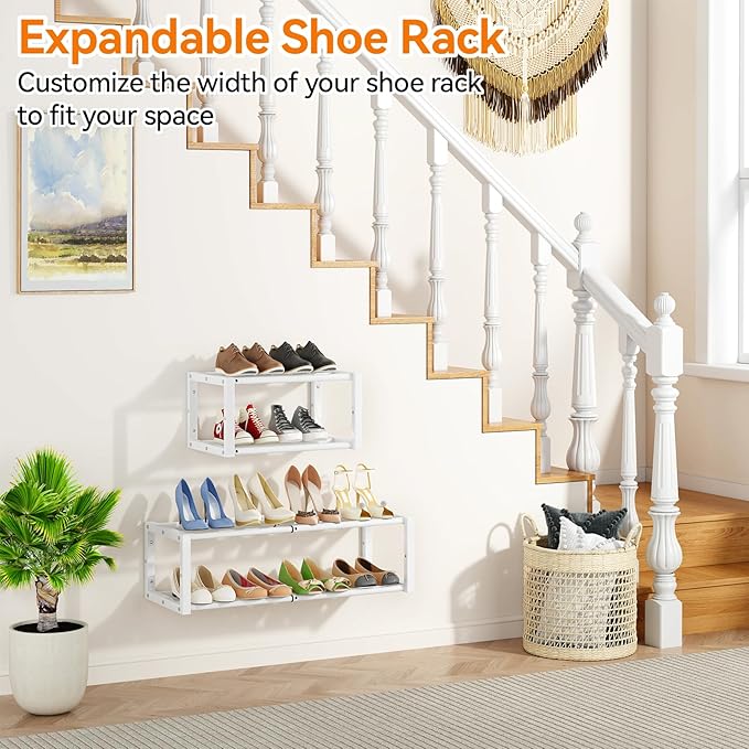 IBUYKE 2 Pack Wall Mounted Shoe Rack, 16"-29” Expandable Hanging Shoe Organizer for 12-16 Pairs, Space Saving Metal Wall Shoe Storage for Entryway Closet, White TXJ001W-2