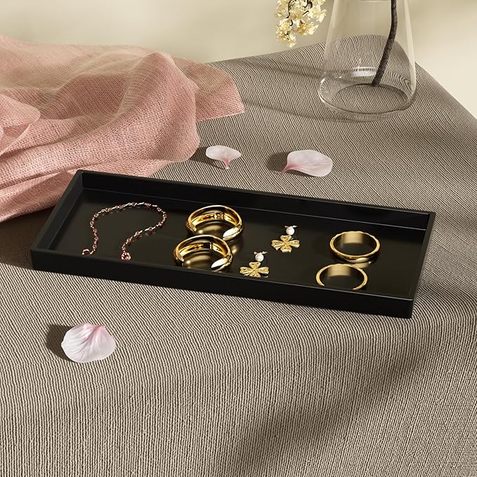 Vanity and Bathroom Tray, 11.8" ABS Countertop Organizer,Waterproof Vanity Tray for Toilet Tank,Perfume,Soap,Keys,Bathroom Accessories,Kitchen and Bath Trays,Non Slip Small Trays,Black,2 Pack