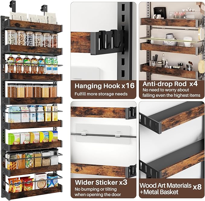 8 Tier Over The Door Pantry Organizer, 2 IN 1 Wall Mount or Metal Hanging Spice Rack for Pantry Organizers and Storage, Seasoning Shelves，Adjustable Basket with Hooks for Kitchen Cabinet and Closet
