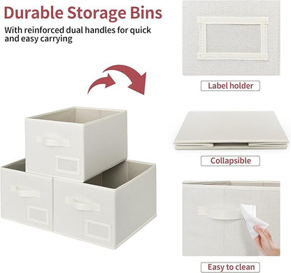 GRANNY SAYS Closet Organizer Bins with Label Holder, Fabric Storage Baskets, Foldable Storage Bins for Living Room, Decorative Storage Containers Organizing, Pearl White, Medium, 3-Pack