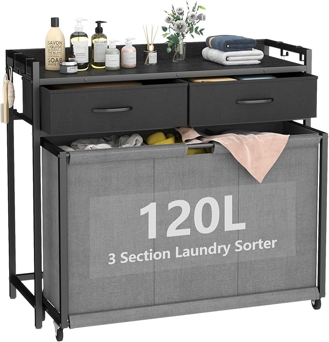 STIKELY Laundry Hamper Laundry Basket with 3 Section Pull-Out Rolling Bags, Laundry Sorter for Organization and Storage with 2 Pull-Out Drawers for Laundry Room, Bathroom, Bedroom Use (Black)