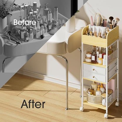 TidyStash Rolling Cart with Drawers 4-Tier Storage Cart with Large Drawers, Heavy-Duty Steel Frame and Wood Shelves Organizer for Makeup, Skincare Bathroom Kitchen Dorm Vanity Home Supplies