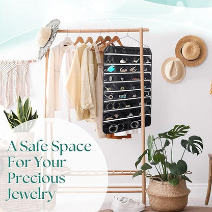 Flexzion Hanging Jewelry Organizer with Zippered Pockets - (1 Pack) Black Closet Jewelry Organizer Storage with Hanger, 56 Pockets Dual Sided Earring Organizer Hanging for Bracelets, Watches, Ring