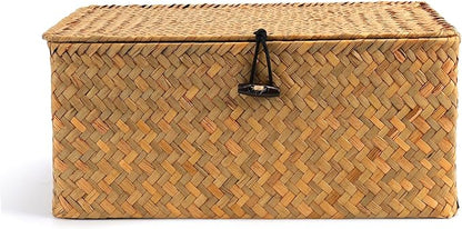 Nonam Small Basket with Lid, Natural Seagrass Bin with Lid, Shelf Baskets Multipurpose Container for Boho Decoration, Rectangular Household Storage Boxes for Home Organization-Natural