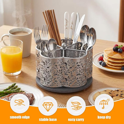 360 Degree Rotating Utensil Caddy Silverware Cutlery Caddy Holder with 5 Compartment Kitchen Countertop Organizer for Spoon Fork Flatware Storage for Home or Outdoor Picnic Camping(Silver)
