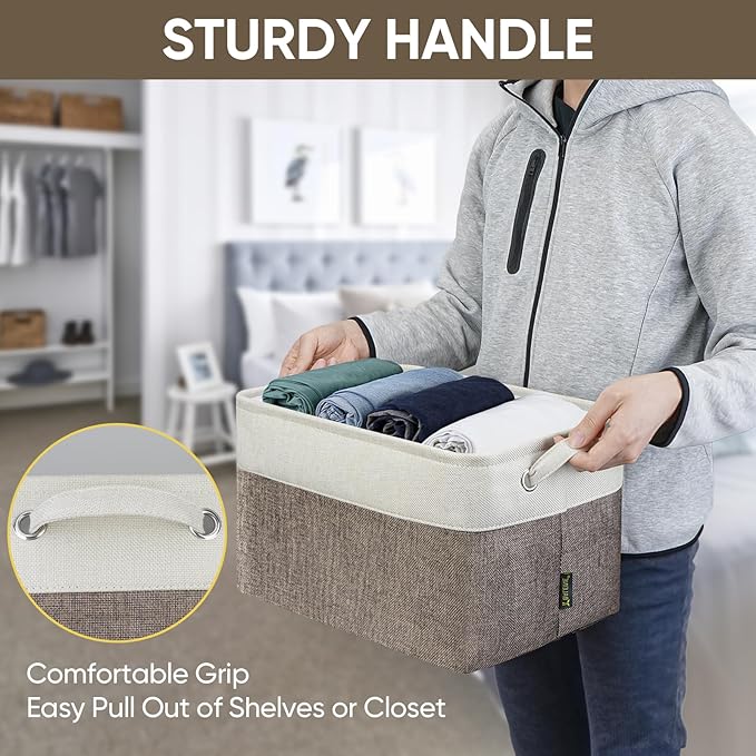 BALEINE 3 Pack Fabric Closet Storage Bins for Shelves, Linen Closet Organizers and Storage, Decorative Baskets for Organizing, Shelf, Clothes, Home, Office (Brown, 15"x11"x9.5")