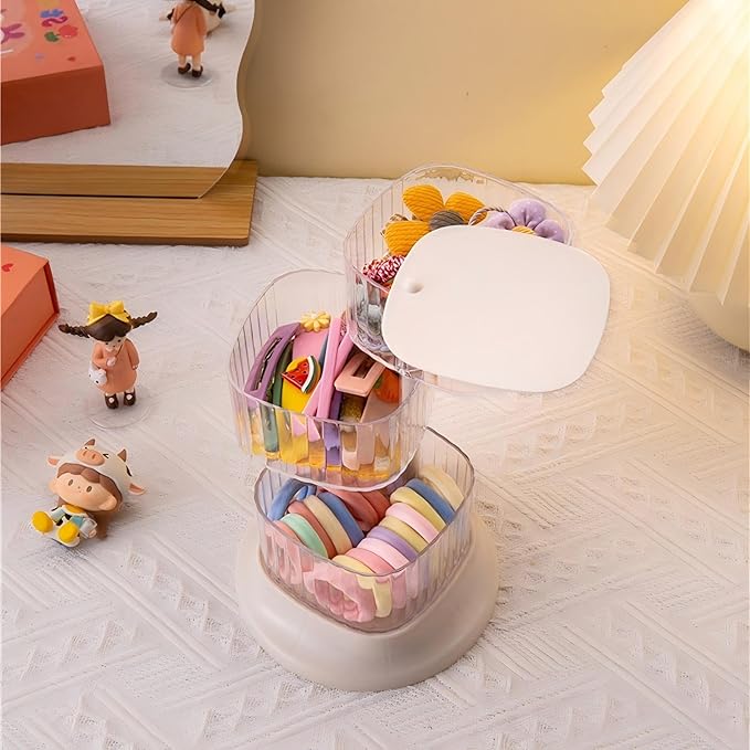 Hair Accessory Organizer, 3-Layer Rotating Clear Hair Tie Organizer for Hair Clips, Headbands, Hair Ties, Earring, Necklace, Ring, Jewelry Boxes & Organizers for Girls & Women (3-Layer，White)