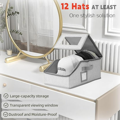 2 PCS Hat Organizer for Baseball Caps Stackable HatBox Hat Rack Hold Up to 24 Caps Hat Storage for Closet with Clear Window Space-Saving Fabric Hat Holder