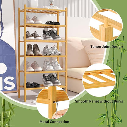 ROMGUAR CRAFT 6-Tier Bamboo Small Shoe Rack, Free Standing Wood Shoe Shelf Storage Organizer for Closet Entryway Stackable (Natural)