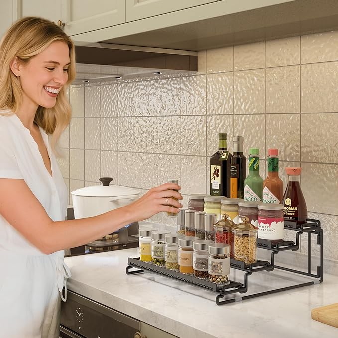 4 Tier Spice Rack Organizer for Cabinet, Black (2 Pack) Seasoning Organizer Rack for Inside Cabinets, Countertop, Pantry Storage