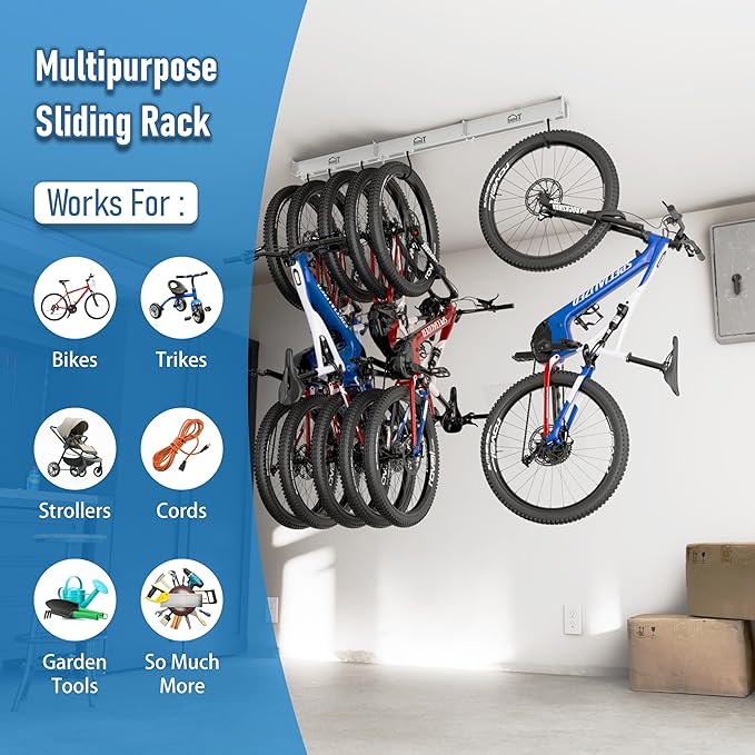 USA Based Ceiling Bike Rack Garage Storage Mount, Bicycle Hanger For Up To 6 Bikes, Sliding 51" Heavy Duty Hook Racks With Padded Hanging Mounts, Hooks Hangers (White, 3 Rails - 6 Hooks)