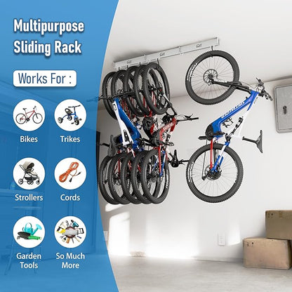USA Based Ceiling Bike Rack Garage Storage Mount, Bicycle Hanger For Up To 6 Bikes, Sliding 51" Heavy Duty Hook Racks With Padded Hanging Mounts, Hooks Hangers (White, 3 Rails - 6 Hooks)