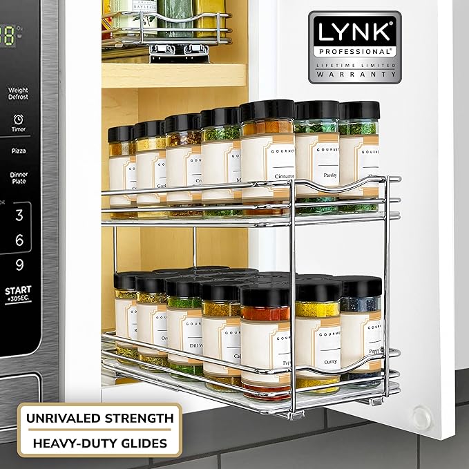 LYNK PROFESSIONAL® Pull Out Spice Organization for Cabinets - 6-3/8 inch Wide – Spice Rack for Inside Cabinets, Slide Out Spice Rack Organizer for cabinet – Pull Out Spice Rack, Sliding 2 Tier Chrome
