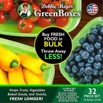 Debbie Meyer UltraLite GreenBox | Reusable Plastic Airtight Food Storage Containers with Lids, Keeps Fruit, Vegetables, Baked Goods Fresh Longer, In Fridges, Travel On-The-Go or Lunch | 32 Piece Set