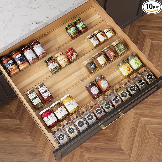 10-Pack Adjustable Spice Drawer Organizer, Expandable Seasoning Rack Tray (13" to 26"), Acrylic Insert with Anti-Slip Mat for Kitchen Cabinet (Jars Not Included)