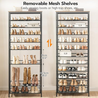 HOOBRO Shoe Rack for Entryway, 12-Tier Shoe Storage Organizer, Large Capacity for 33-36 Pairs of Shoes, Standing Shoe Shelf, Closet, Hallway, Adjustable Mesh Shelves, Rustic Brown and Black BF51XJ01