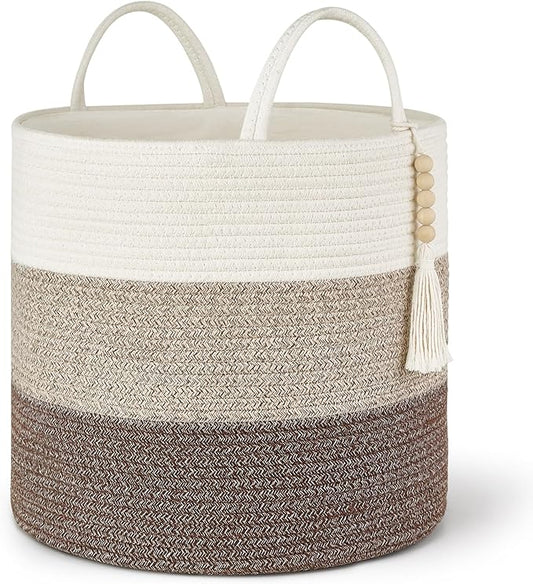 Mkono Woven Storage Basket Decorative Natural Rope Basket Wooden Bead Decoration for Blankets,Toys,Clothes,Shoes,Plant Organizer Bin with Handles Living Room Home Decor, 16" W × 13.8" L