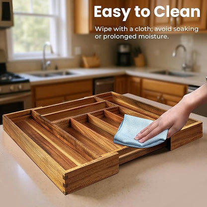 KITEISCAT Acacia Wood Expandable Silverware Organizer, Kitchen Utensil Drawer Organizer for Forks & Spoons, 8-Compartment Cutlery Tray, Flatware Holder