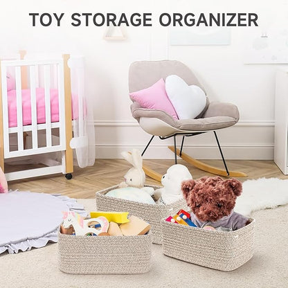 3-Pack Small Storage Baskets for Organizing | Woven Shelf Toy Basket | Rope Baskets for Gifts Empty | Closet Organizer Bins with Handles | Cube Decorative Box | 11.8×7.8×5.1” | Mixed brown