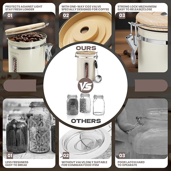 Coffee Canisters with Window,Scoop and Airtight Lid Stainless Steel Kitchen Bean Storage Grounds Container Date Tracker and Scoop for Grounds Coffee Bar Accessories (Cream+window, 22 oz)