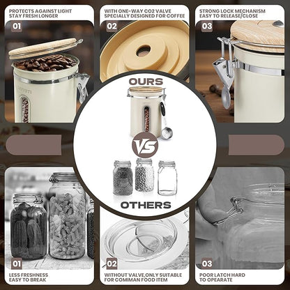Coffee Canisters with Window,Scoop and Airtight Lid Stainless Steel Kitchen Bean Storage Grounds Container Date Tracker and Scoop for Grounds Coffee Bar Accessories (Cream+window, 22 oz)