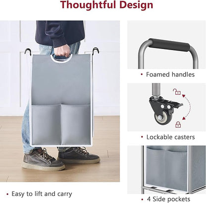 Tajsoon 3 Bag Laundry Sorter Cart, Laundry Hamper Sorter Basket with Heavy Duty Lockable Rolling Wheels for Clothes Storage, Grey & White