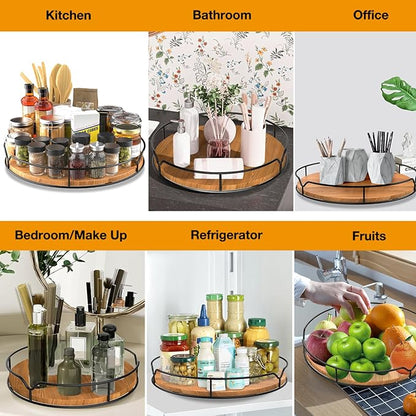 Lazy Susan Turntable Organizer for Cabinet Pantry Kitchen Countertop Refrigerator Cupboard, Pine Wood (Carbonized Black, 14“)