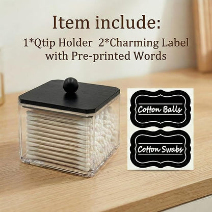 SheeChung Qtip Holder for Bathroom - Acrylic Cotton Swab Dispenser with Black Wood Lid, Clear Apothecary Jar for Cotton Balls, Pads, Flossers, Farmhouse Bathroom Vanity Organizer (1 pack)