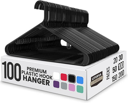 Utopia Home Plastic Hangers 100 Pack - Space Saving Clothes Hanger - Durable & Strong Closet Organizers and Storage with Built-in Strap Hooks - Essential for Shirts, Pants, Skirts & Coats (Black)