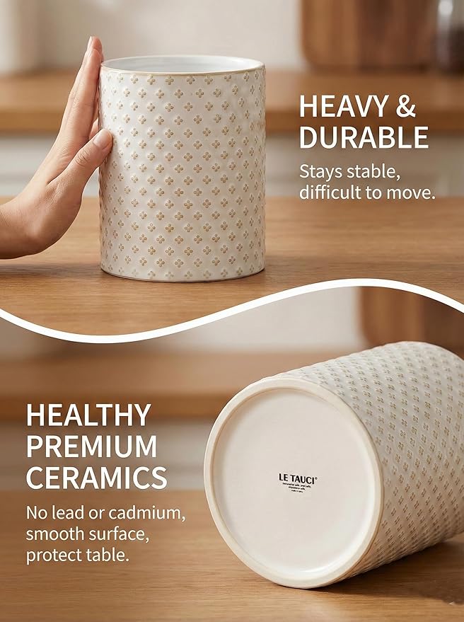 LE TAUCI Utensil Holder for Kitchen Counter - 7.1"+5.4" Ceramic Kitchen Utensil Holder Set of 2, Large Cooking Utensil Crock & Organizer for Spatula, Spoon - Embossed Kitchen Decor, White,Clover