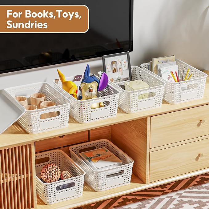8 Pcs Plastic Storage Baskets with Plastic Lids and Labels 5.29qt Stackable Box Basket Pantry Decorative Containers, Small Storage Bins for Desktop Shelves Drawers Closets Office Cabinets 10*7.2*4.1"