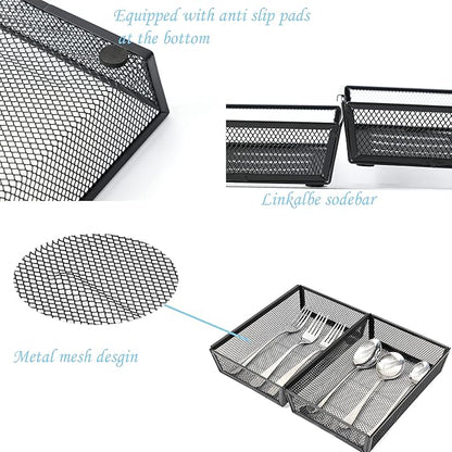 Mesh Tray Kitchen Drawer Utensil Cutlery Tray Office Supplies with Inter-locking Arm Drawer Dividers Organizer for Silverware, Flatware, Home,Office, School,Bedroom(9＂X6＂4pack) Black