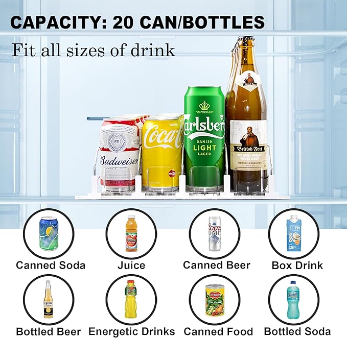 LumoShine Drink Organizer for Fridge, Self-Pushing Soda Can Dispenser for Refrigerator, Width Adjustable Pusher Glide for 12oz to 20oz holds (White, 14.96" D x 13.38" W— 4 Rows)