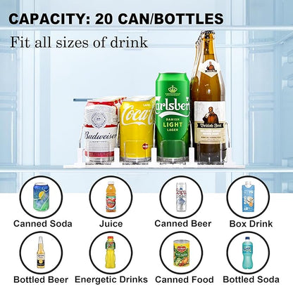 LumoShine Drink Organizer for Fridge, Self-Pushing Soda Can Dispenser for Refrigerator, Width Adjustable Pusher Glide for 12oz to 20oz holds (White, 14.96" D x 13.38" W— 4 Rows)
