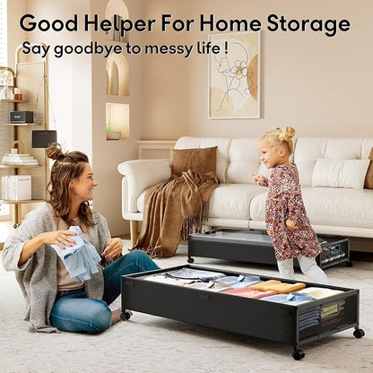 Under Bed Storage with Wheels，4 Pack Under Bed Storage Containers,Underbed Shoe Storage Bedroom Large Capacity Under Bed Storage with Lid for Clothes Shoes Toys Blankets