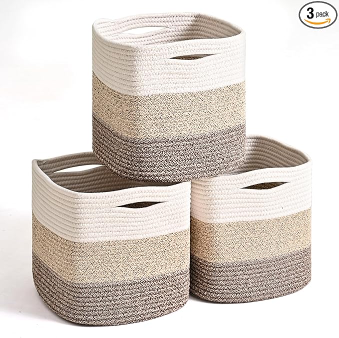 ICERZCZ 11 Inch Cube Storage Bins, Storage Cube Organizer Bins, Woven Cotton Rope Baskets for Storage, Storage Basket for Organizing Shelves, Square Baskets for Toys, Gradient Brown (Pack of 3)