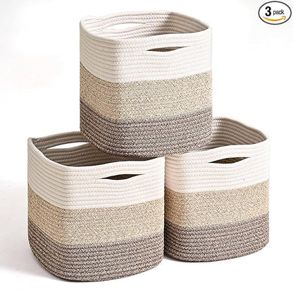 ICERZCZ 11 Inch Cube Storage Bins, Storage Cube Organizer Bins, Woven Cotton Rope Baskets for Storage, Storage Basket for Organizing Shelves, Square Baskets for Toys, Gradient Brown (Pack of 3)